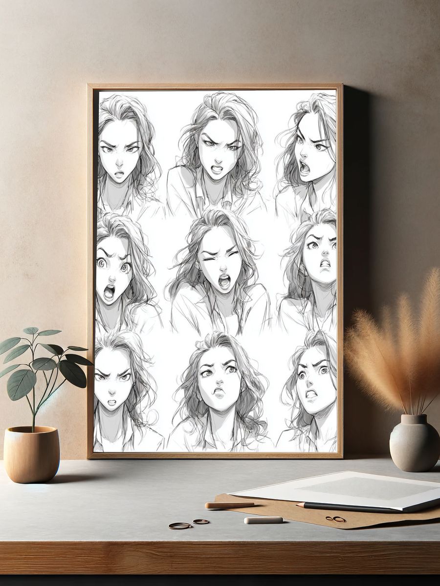 Expressive Manga Faces Illustration Poster. — room view 2