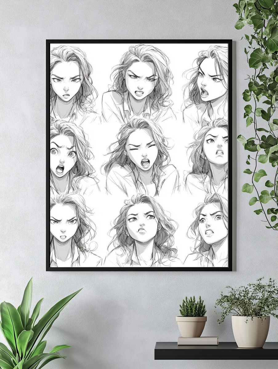 Expressive Manga Faces Illustration Poster. — room view 4