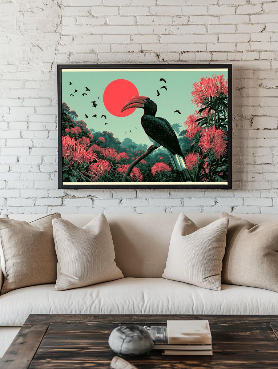 Tropical Hornbill Sunset Print. room preview