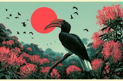 Tropical Hornbill Sunset Print. poster