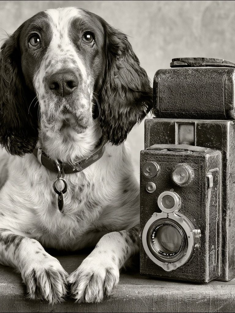 Spaniel with Vintage Camera Poster. poster detail