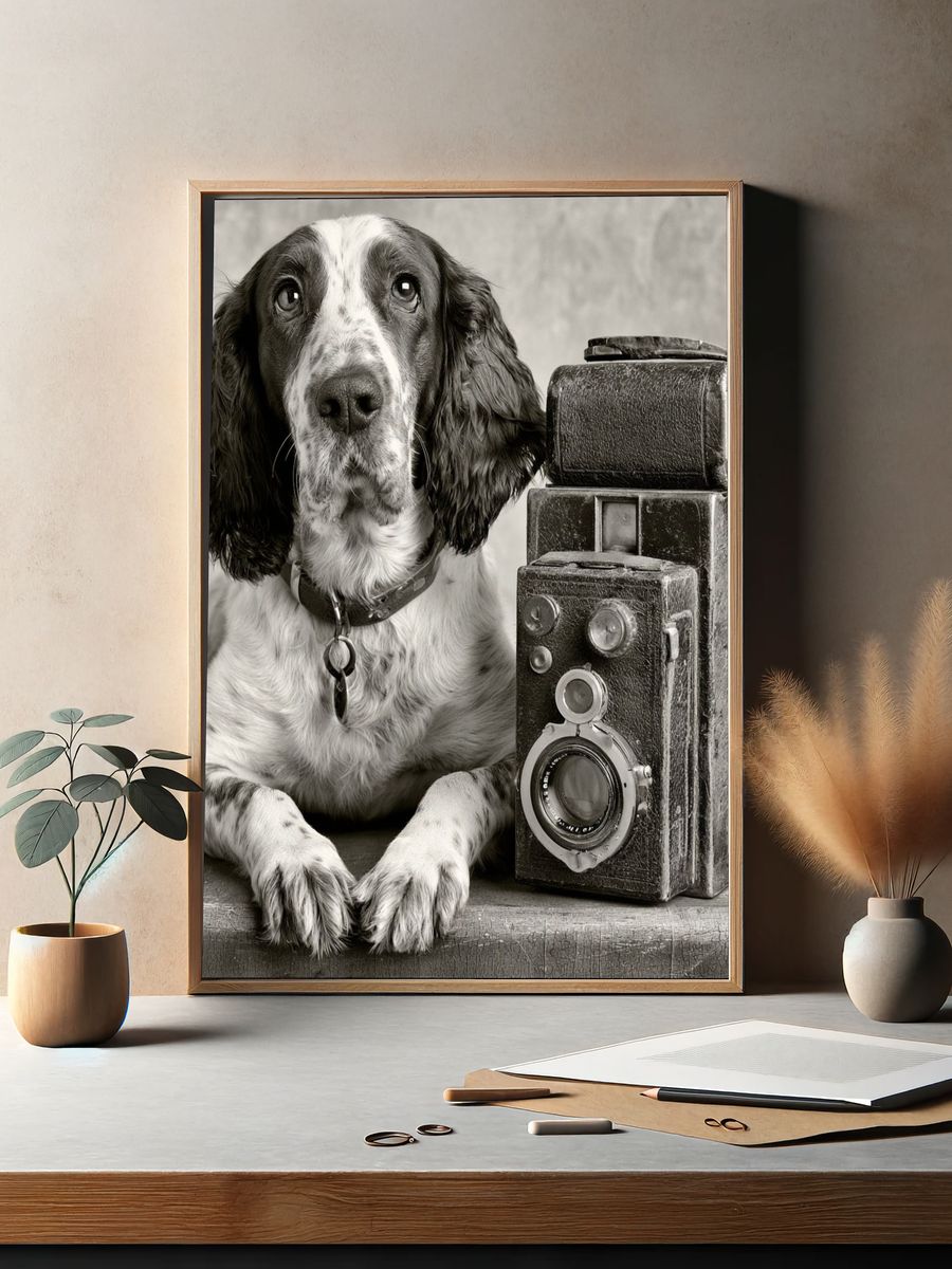 Spaniel with Vintage Camera Poster. — room view 2