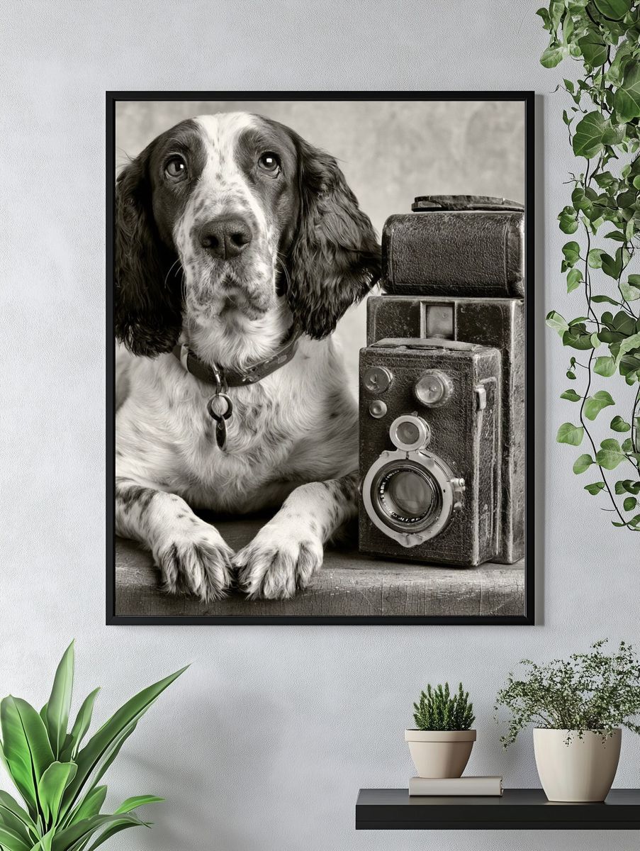 Spaniel with Vintage Camera Poster. — room view 4