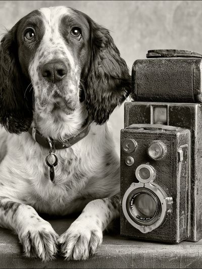 Spaniel with Vintage Camera Poster. poster