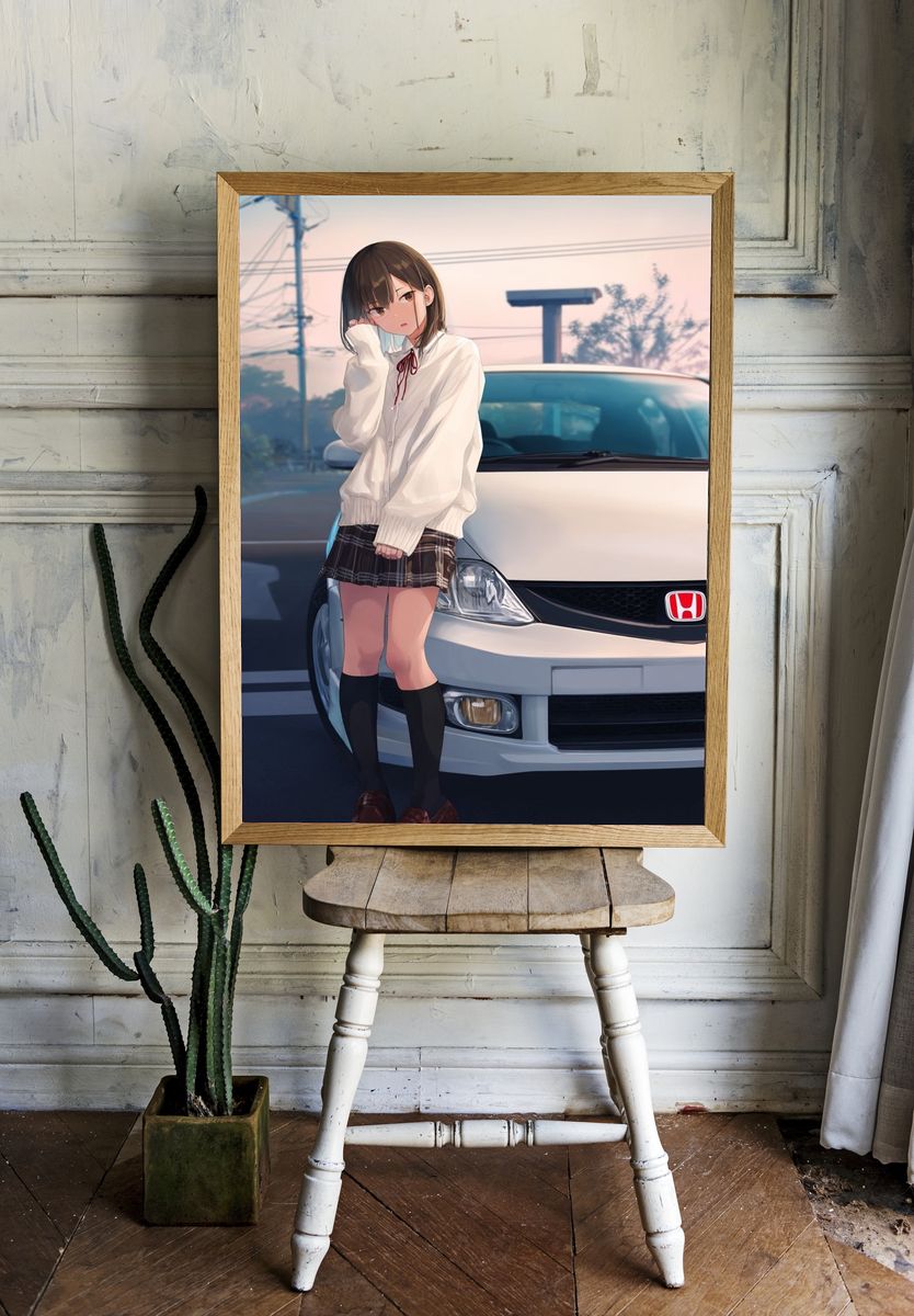 Anime Girl by Honda Car Print. — room view 1