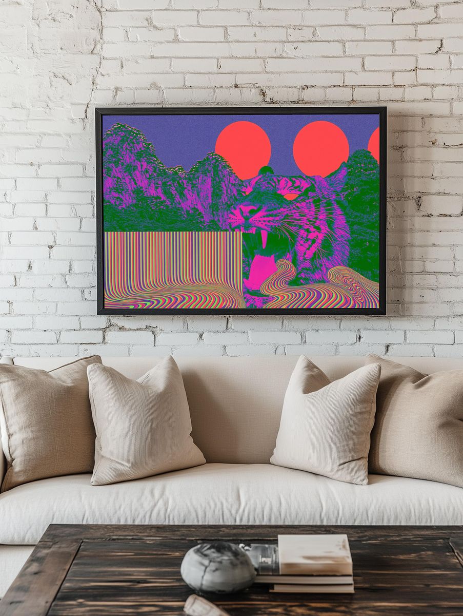 Psychedelic Cat Landscape Poster. room preview