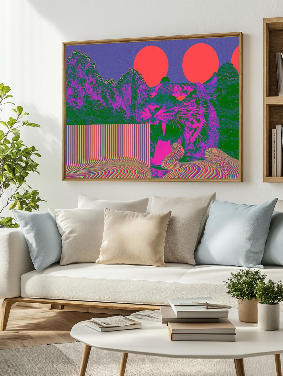 Psychedelic Cat Landscape Poster. — room view 2