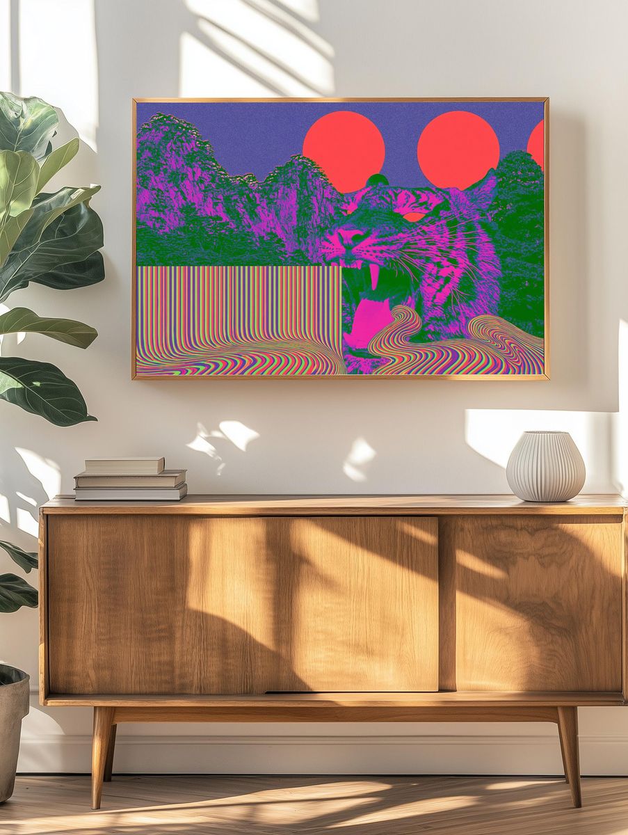 Psychedelic Cat Landscape Poster. — room view 3