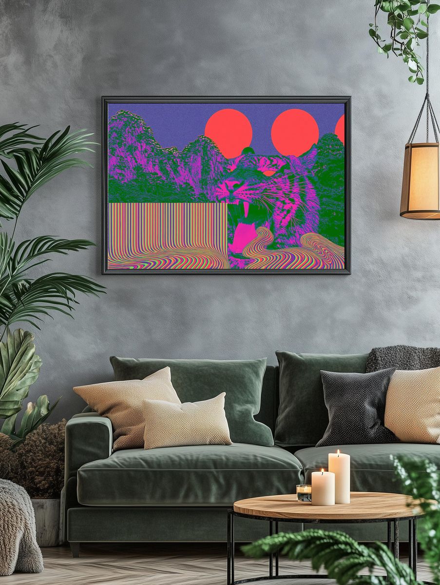 Psychedelic Cat Landscape Poster. — room view 4