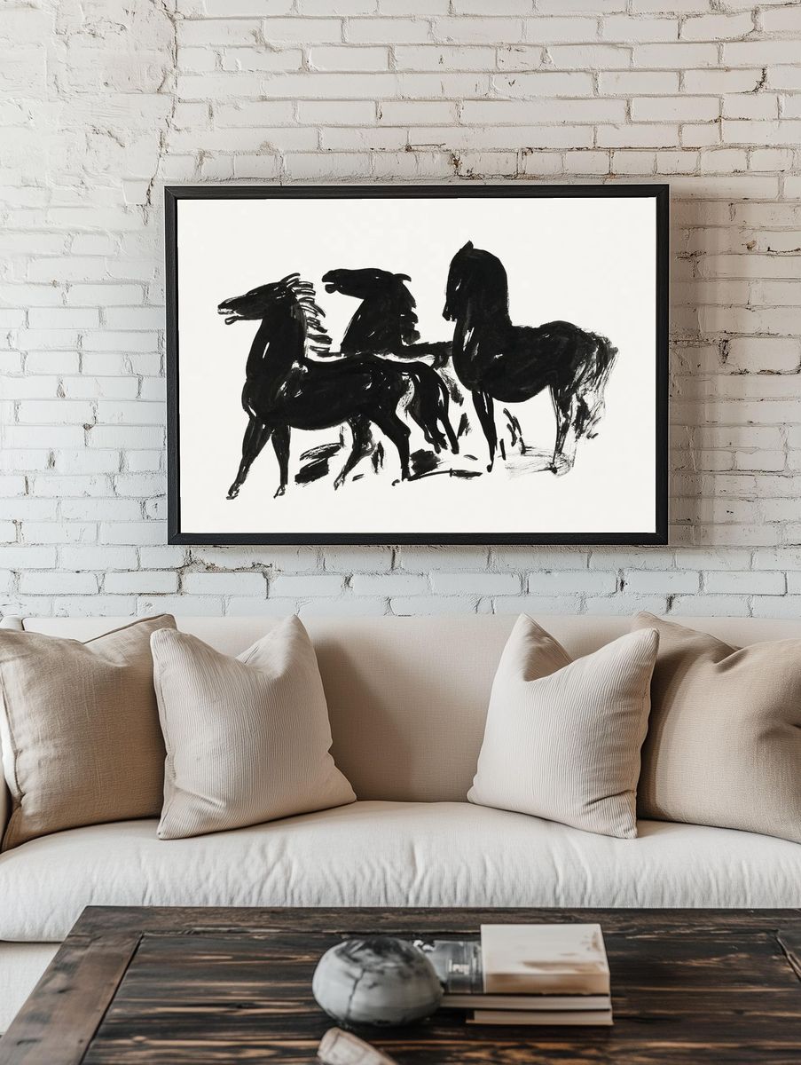 Drie zwarte paarden staand naar. — room view 1