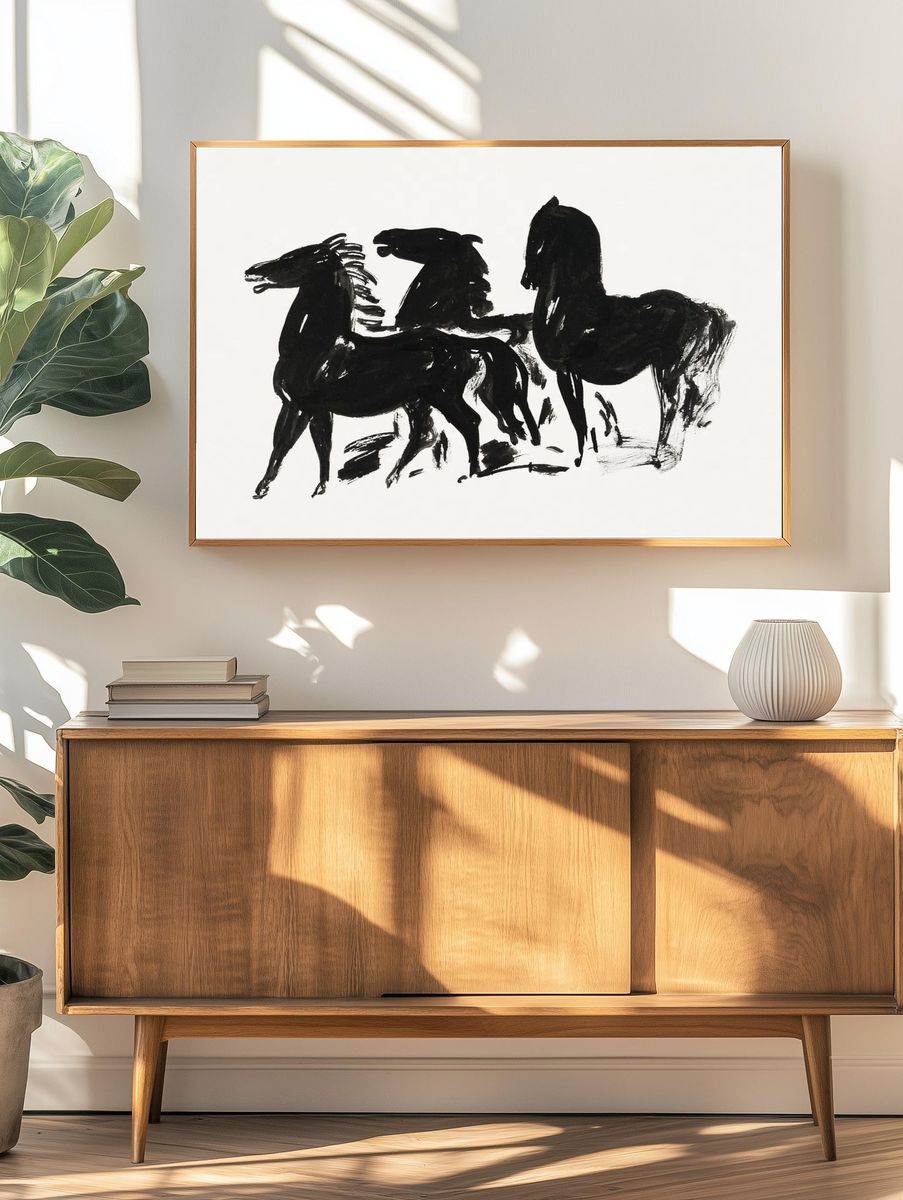 Drie zwarte paarden staand naar. — room view 3