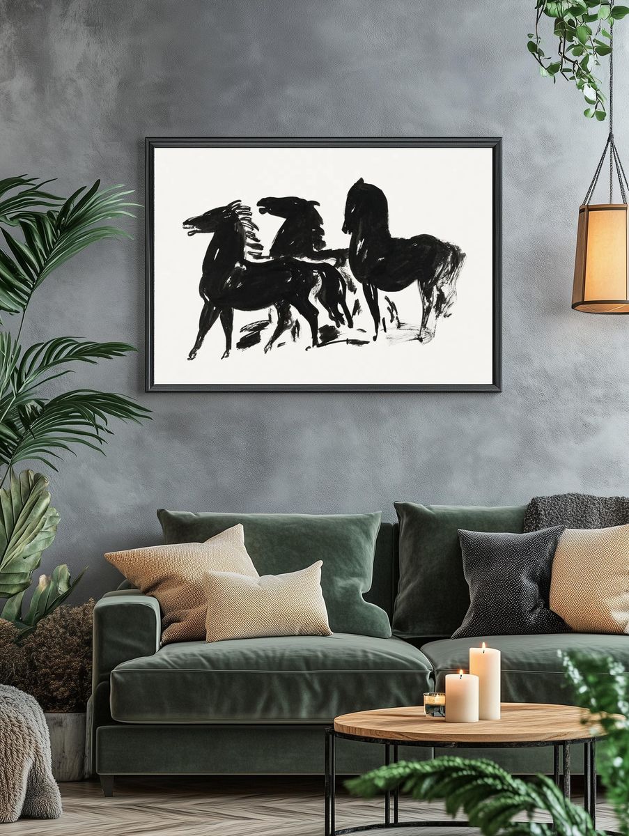 Drie zwarte paarden staand naar. — room view 4