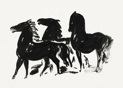 Drie zwarte paarden staand naar. poster print