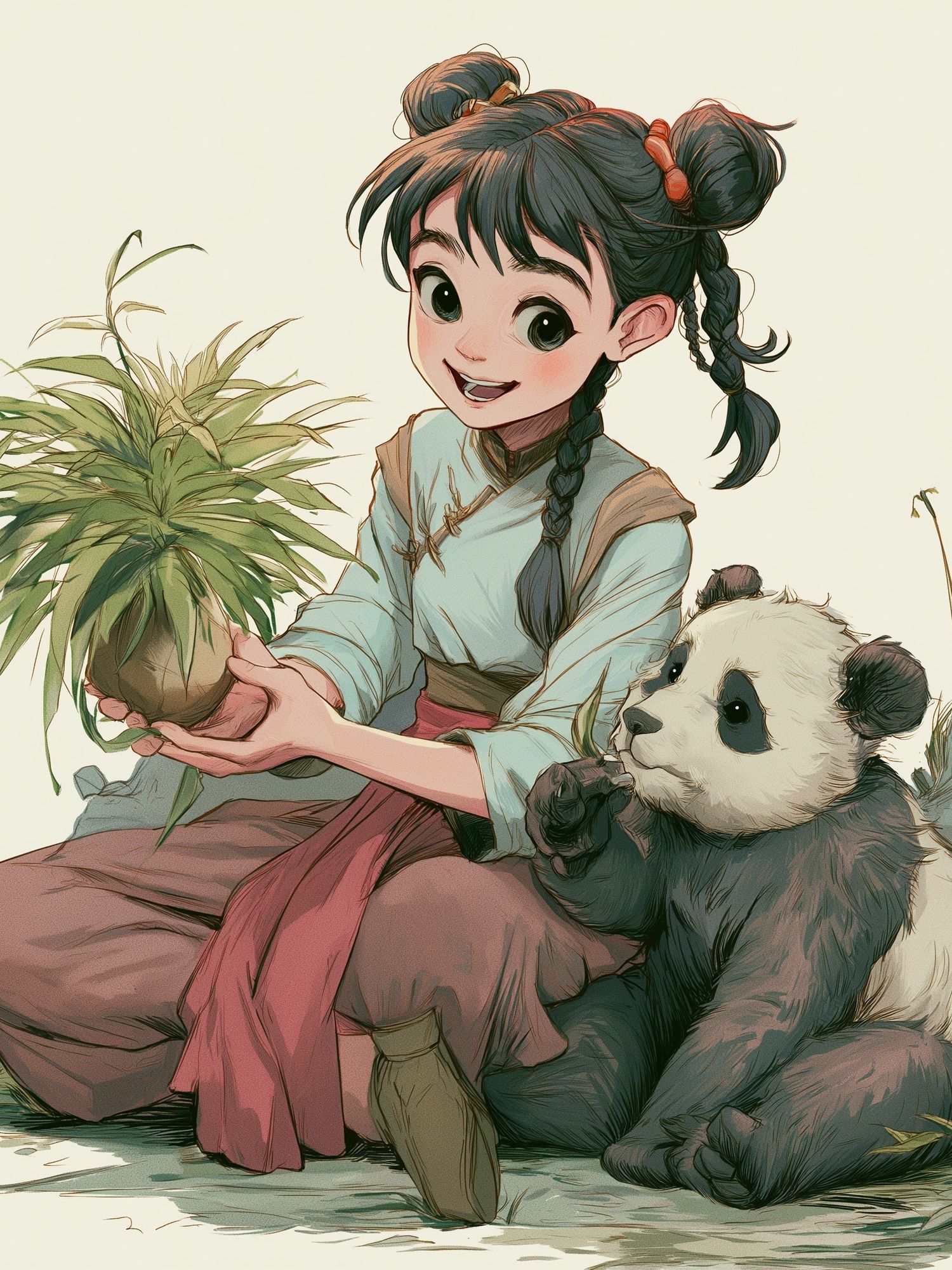 Panda Girl with Plant Illustration Poster. poster — anime art