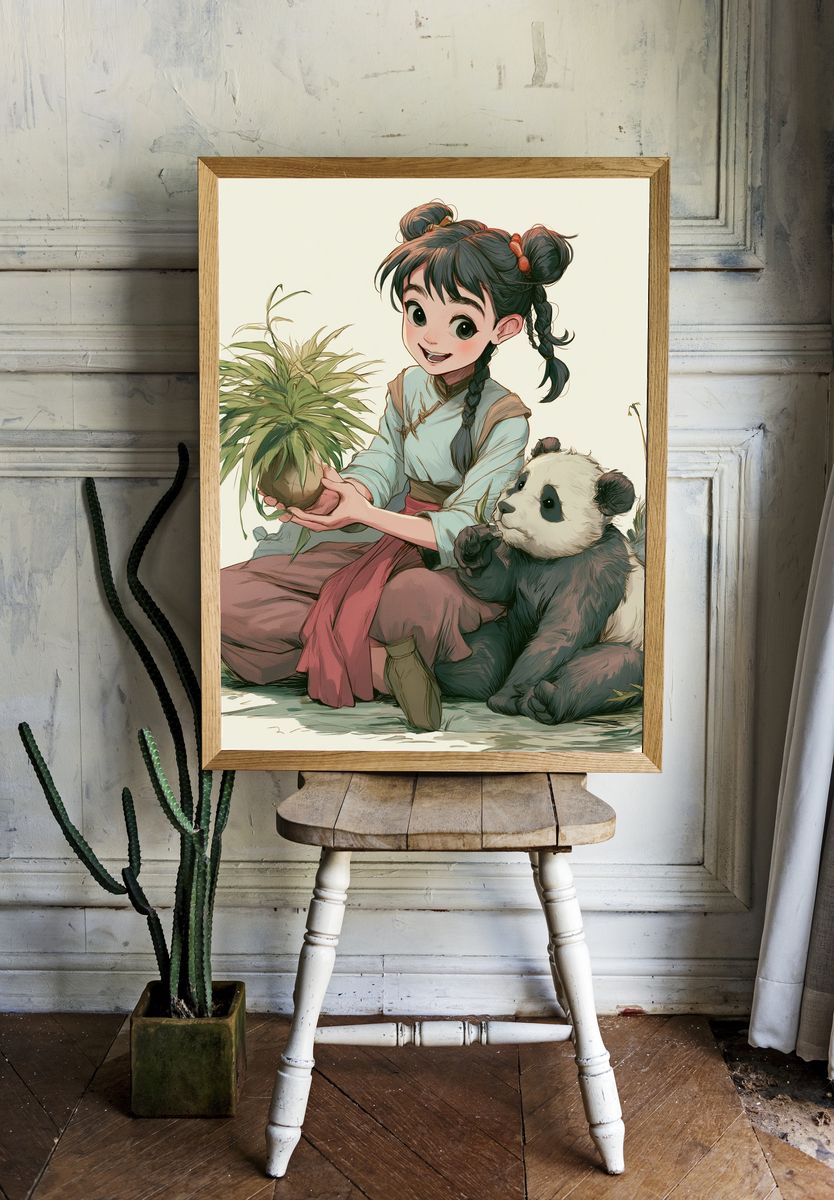 Panda Girl with Plant Illustration Poster. — room view 1