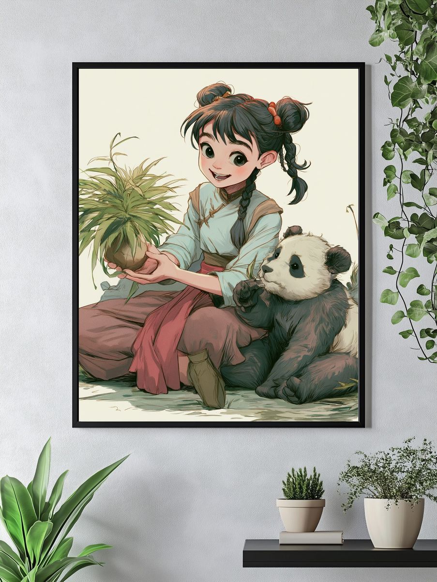 Panda Girl with Plant Illustration Poster. — room view 4