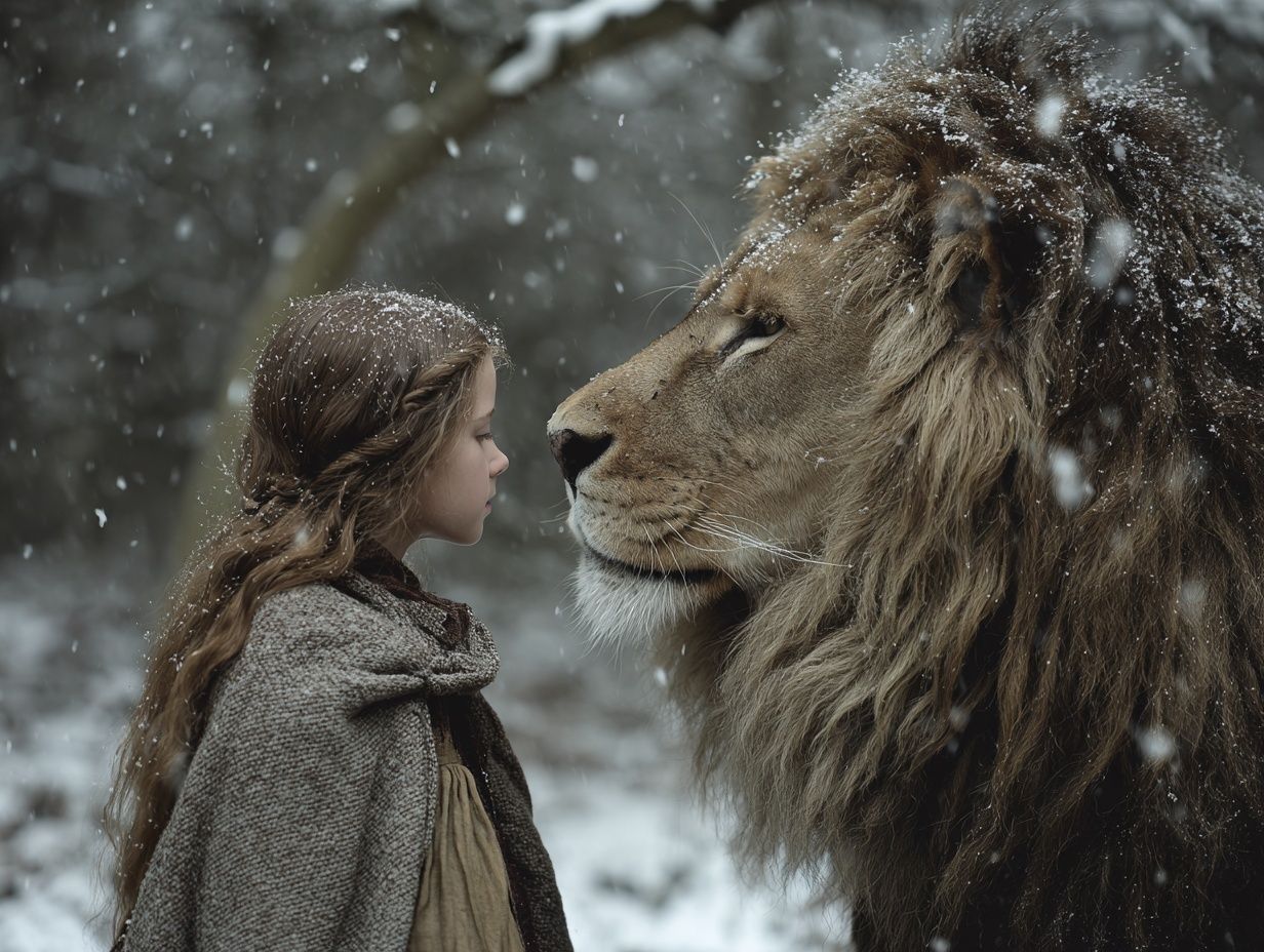 Girl and Lion Winter Portrait Print. poster detail