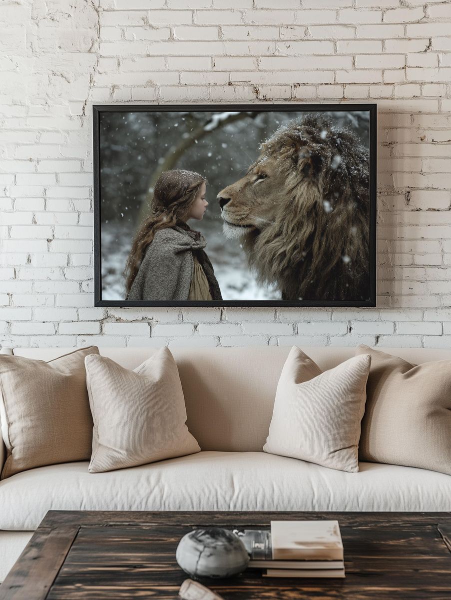 Girl and Lion Winter Portrait Print. — room view 1