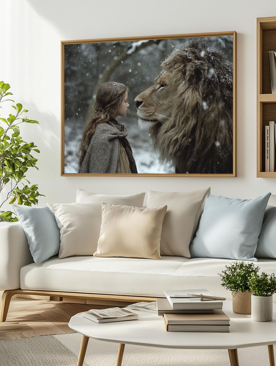 Girl and Lion Winter Portrait Print. — room view 2