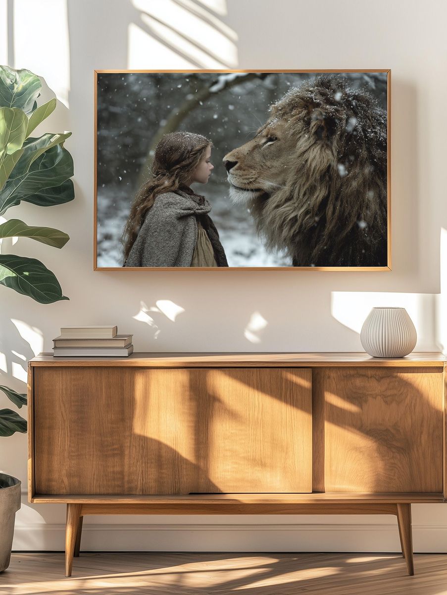 Girl and Lion Winter Portrait Print. — room view 3