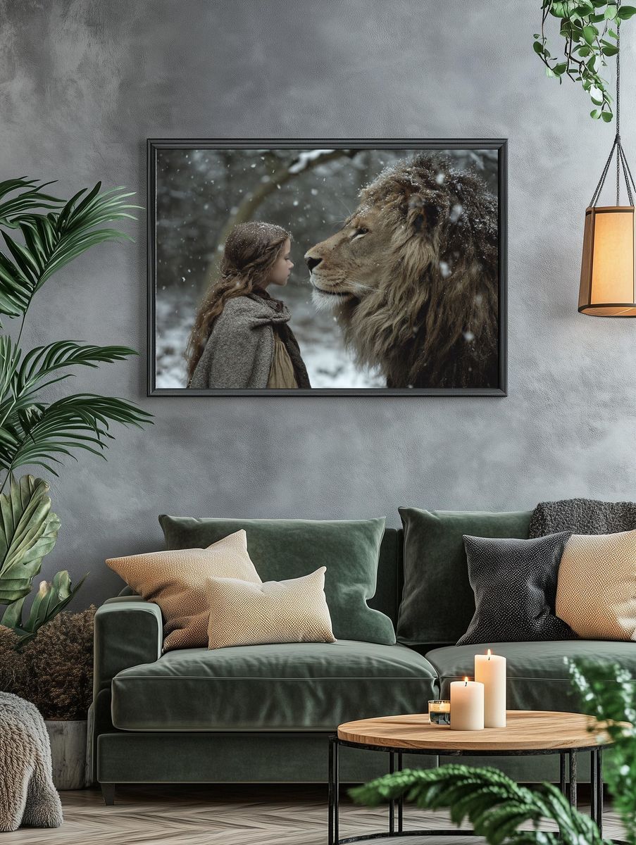 Girl and Lion Winter Portrait Print. — room view 4