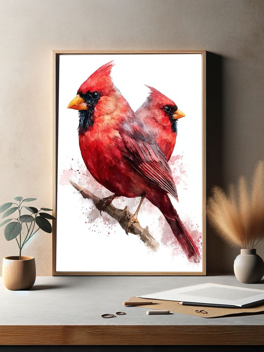 Cardinal Pair Watercolor Poster. — room view 2