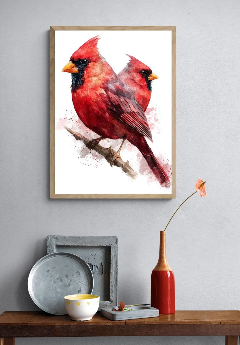 Cardinal Pair Watercolor Poster. — room view 3