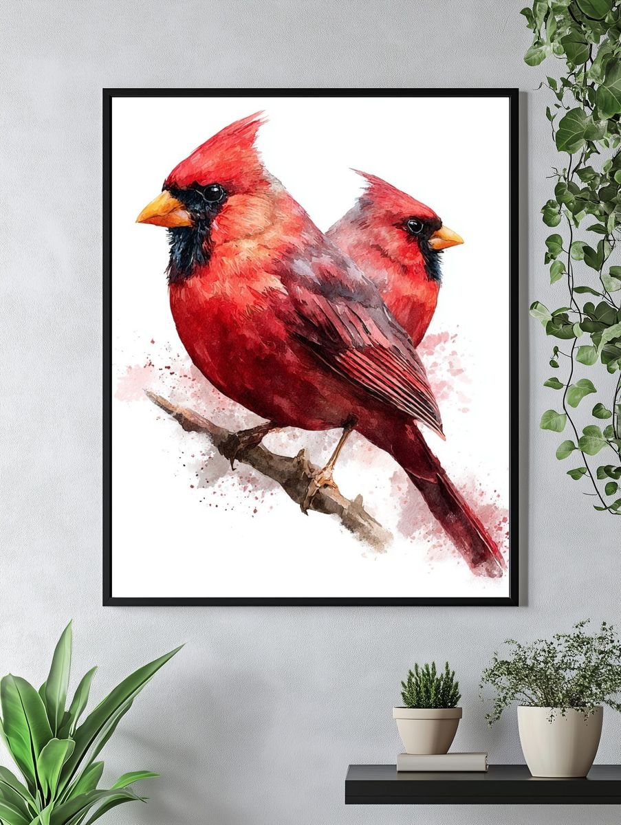 Cardinal Pair Watercolor Poster. — room view 4