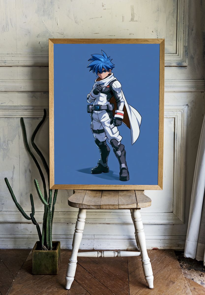 Blue-Haired Anime Hero Poster. room preview
