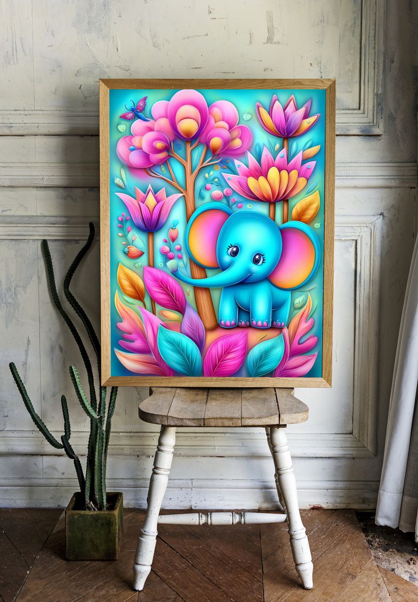 Cute Elephant Floral Fantasy Poster. — room view 1