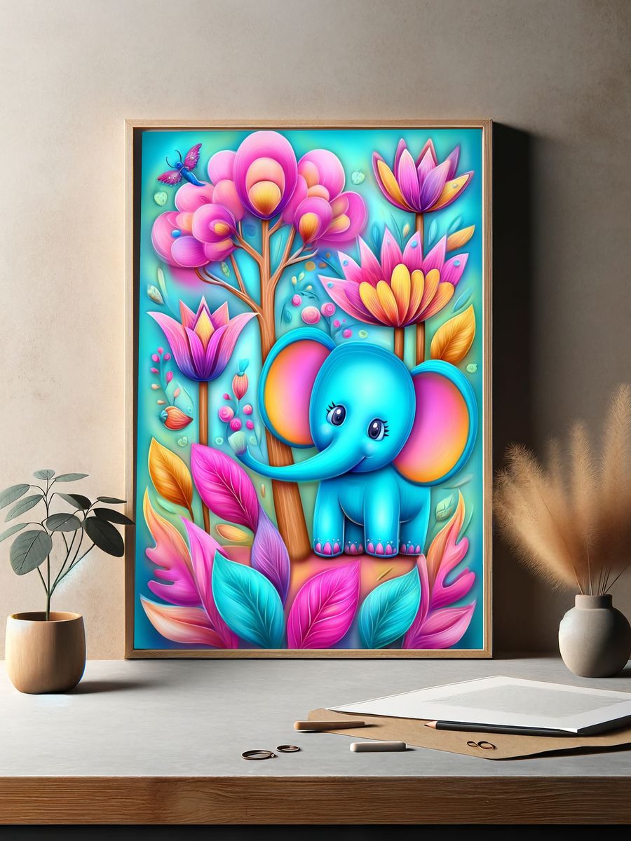 Cute Elephant Floral Fantasy Poster. — room view 2