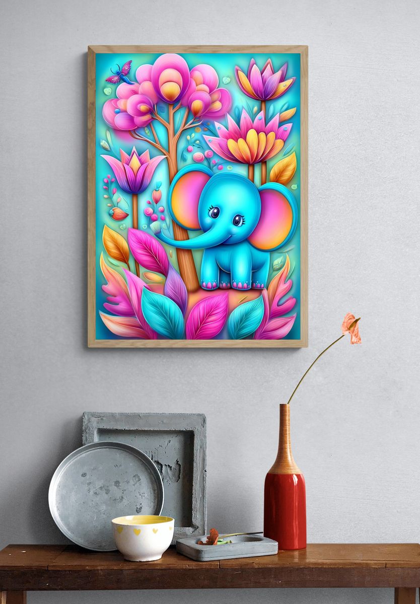 Cute Elephant Floral Fantasy Poster. — room view 3