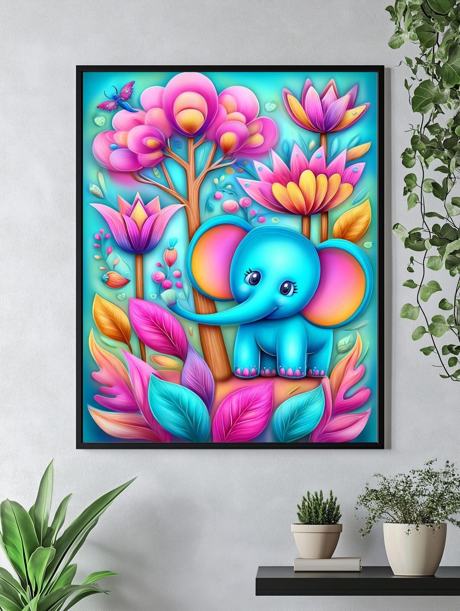Cute Elephant Floral Fantasy Poster. — room view 4