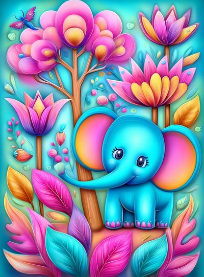 Cute Elephant Floral Fantasy Poster. poster print