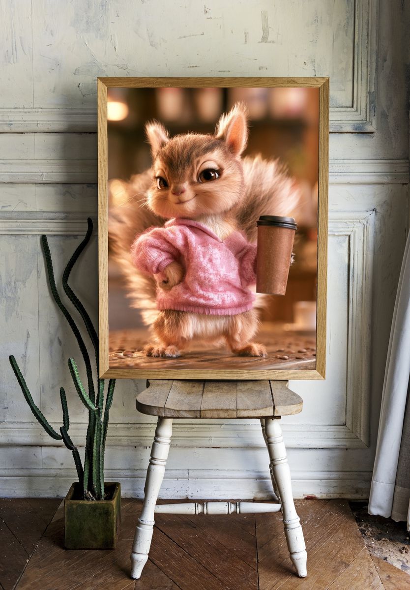 Cute Squirrel Coffee Shop Illustration Poster. — room view 1