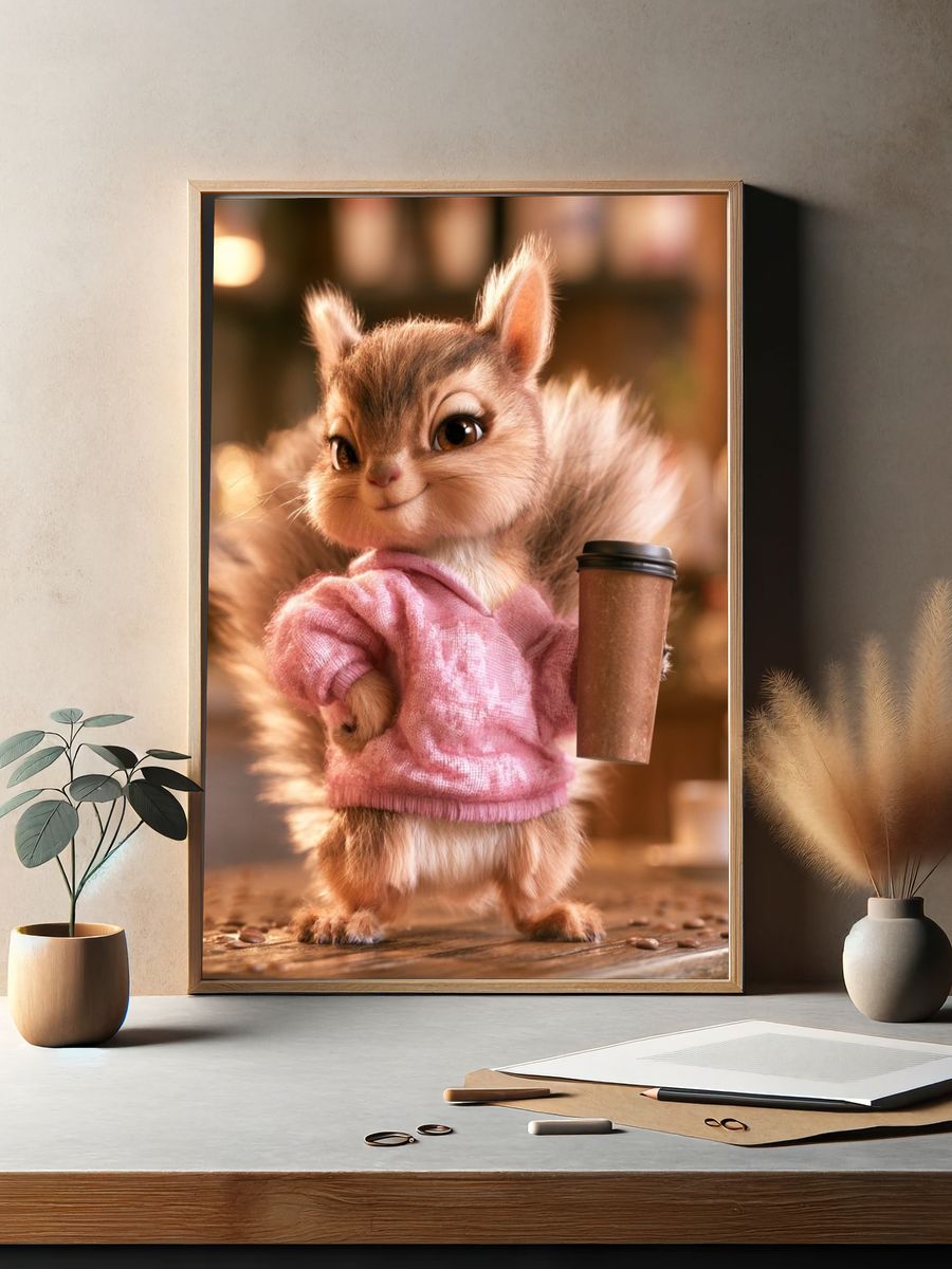 Cute Squirrel Coffee Shop Illustration Poster. — room view 2