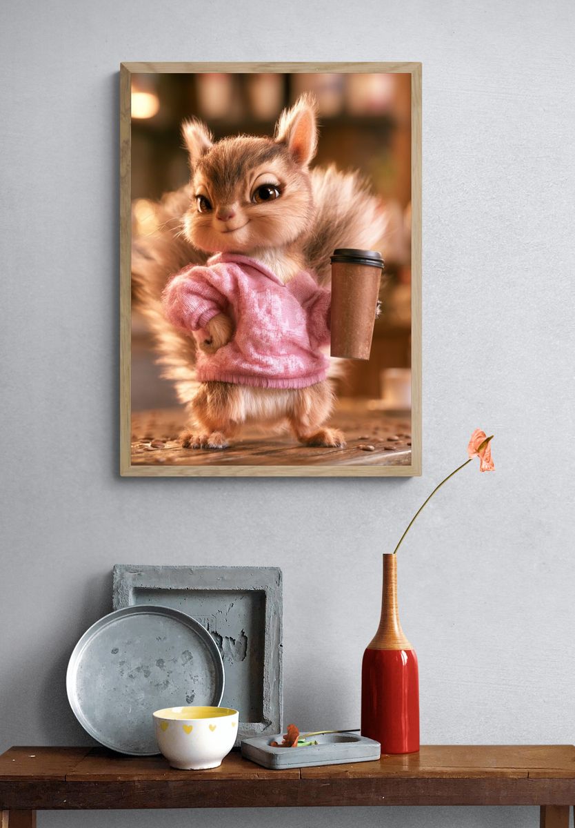 Cute Squirrel Coffee Shop Illustration Poster. — room view 3