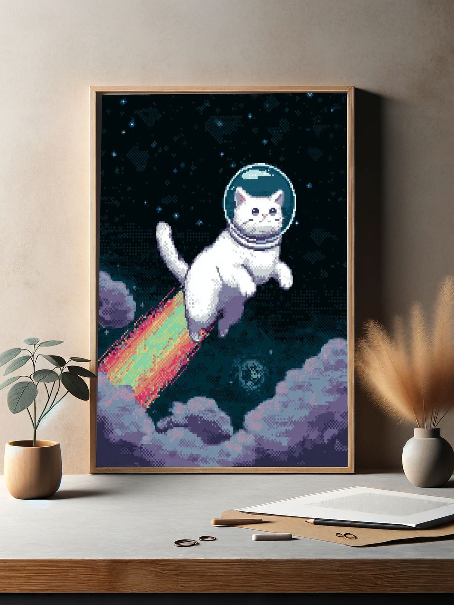 Astronaut Cat Pixel Art Poster. — room view 2