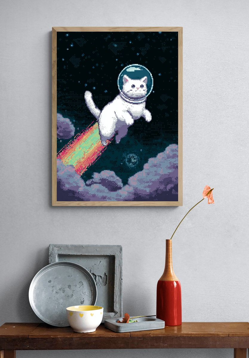 Astronaut Cat Pixel Art Poster. — room view 3