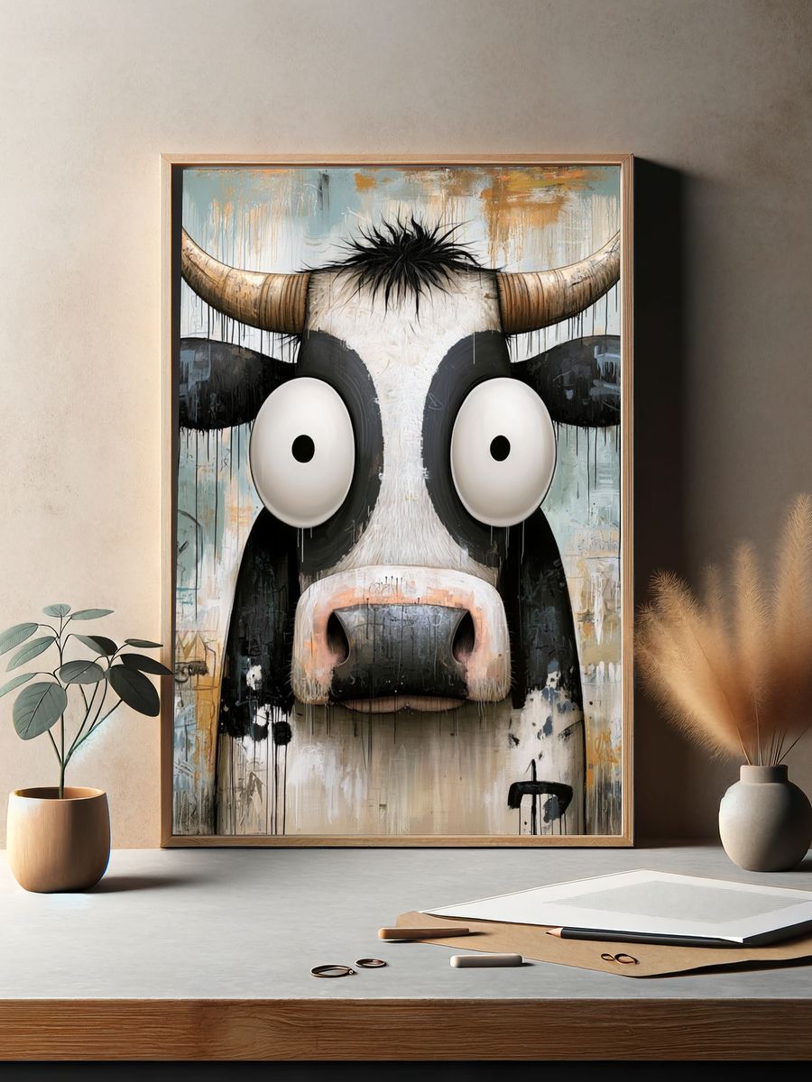 Wide-Eyed Cow Illustration Poster. — room view 2