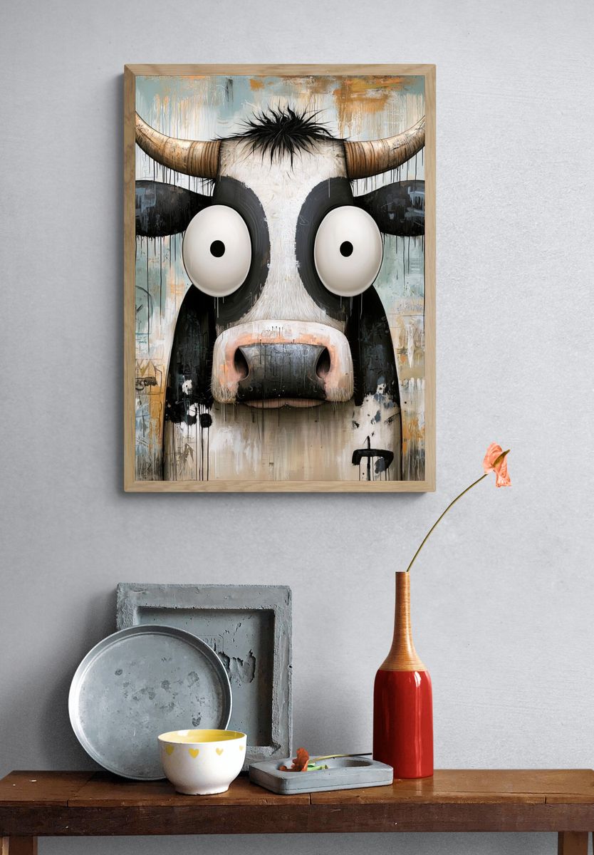 Wide-Eyed Cow Illustration Poster. — room view 3