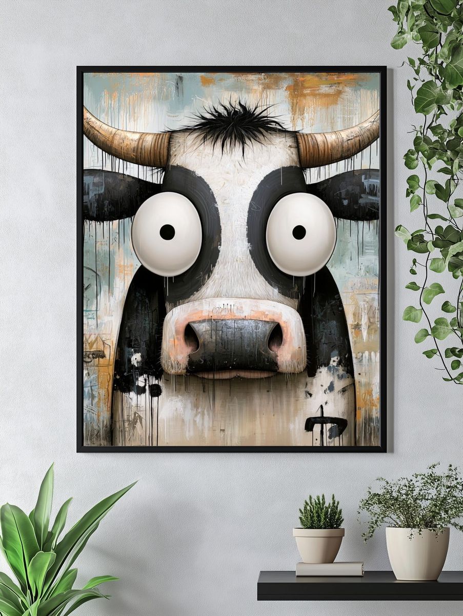 Wide-Eyed Cow Illustration Poster. — room view 4