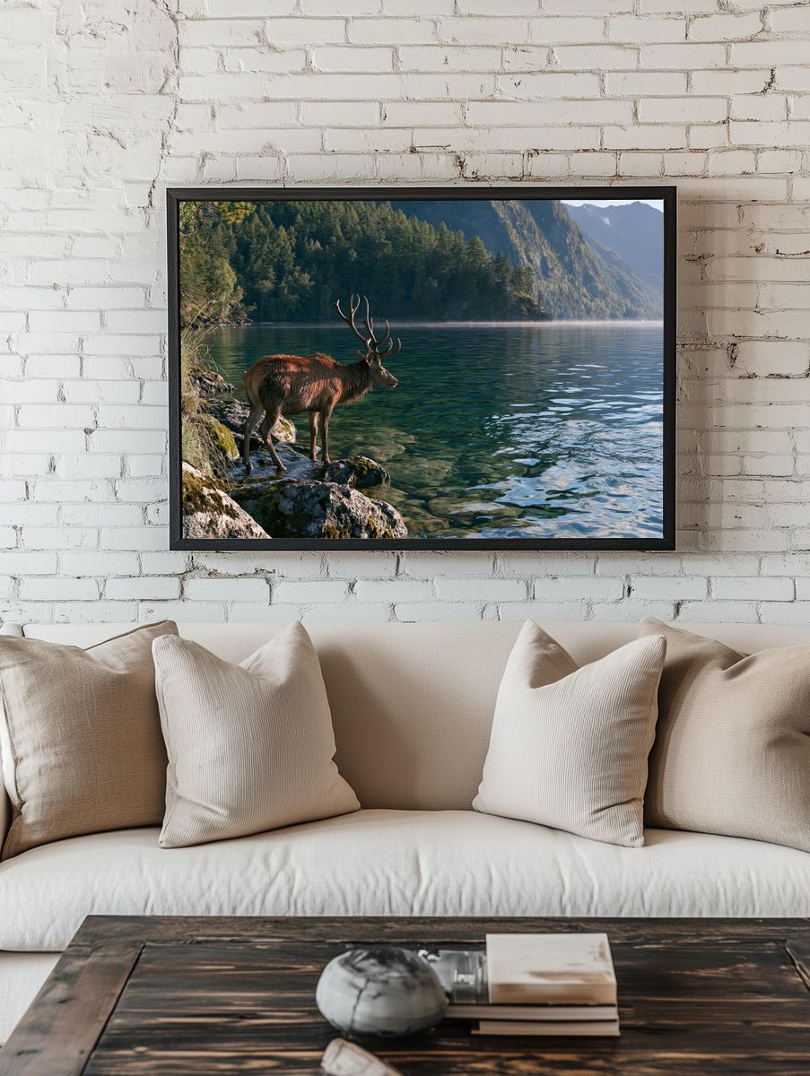 Majestic Deer by Alpine Lake Poster. room preview