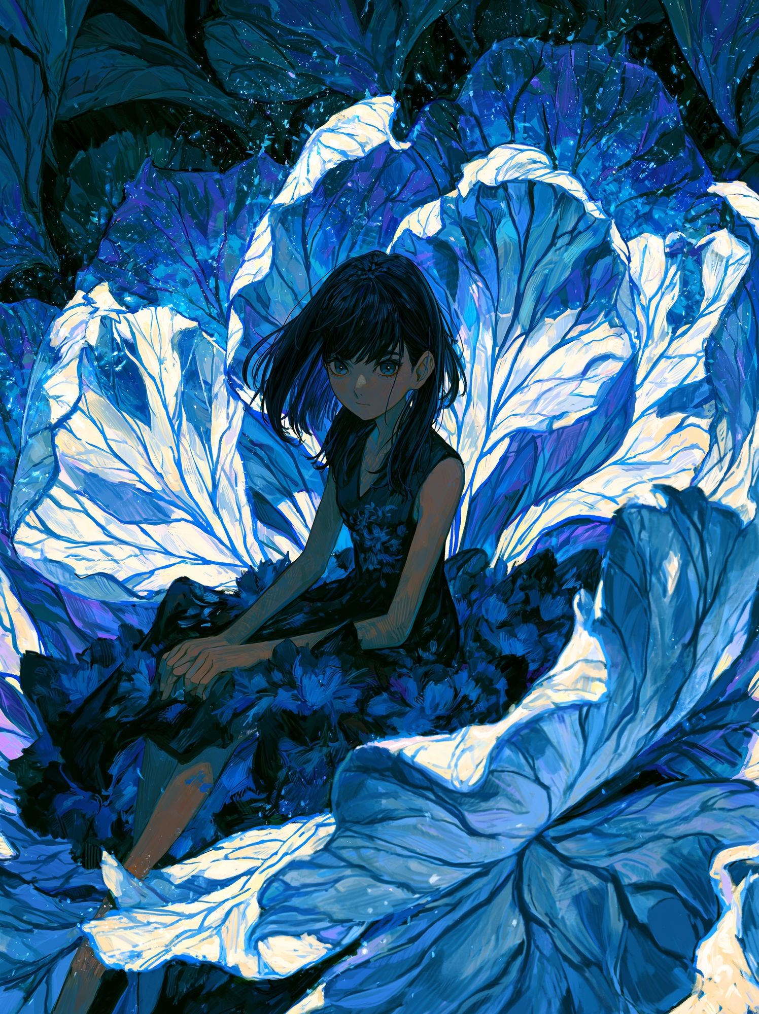 Blue Floral Girl Illustration Poster. poster — anime art