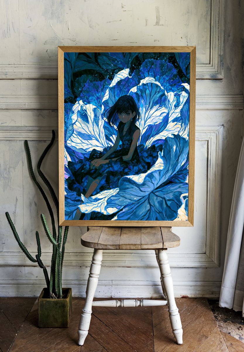 Blue Floral Girl Illustration Poster. room preview