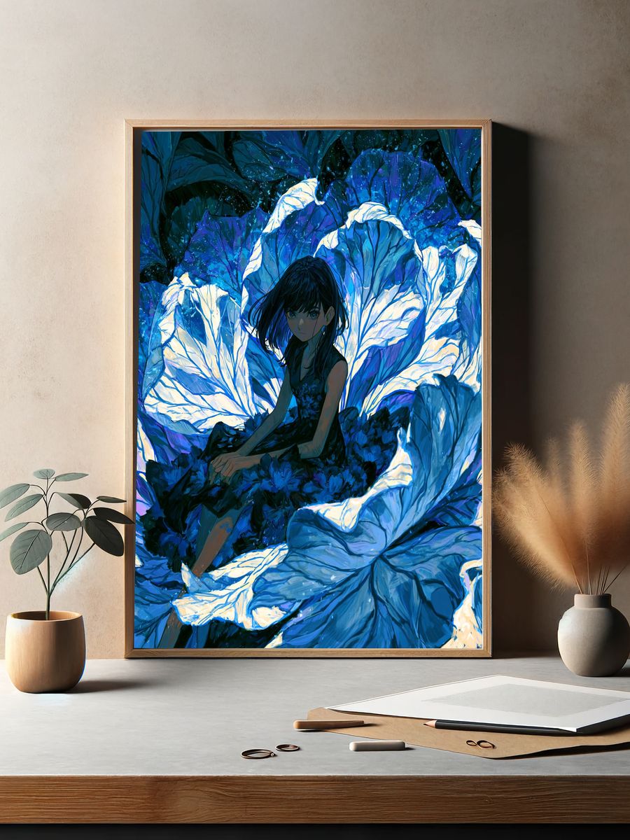 Blue Floral Girl Illustration Poster. — room view 2