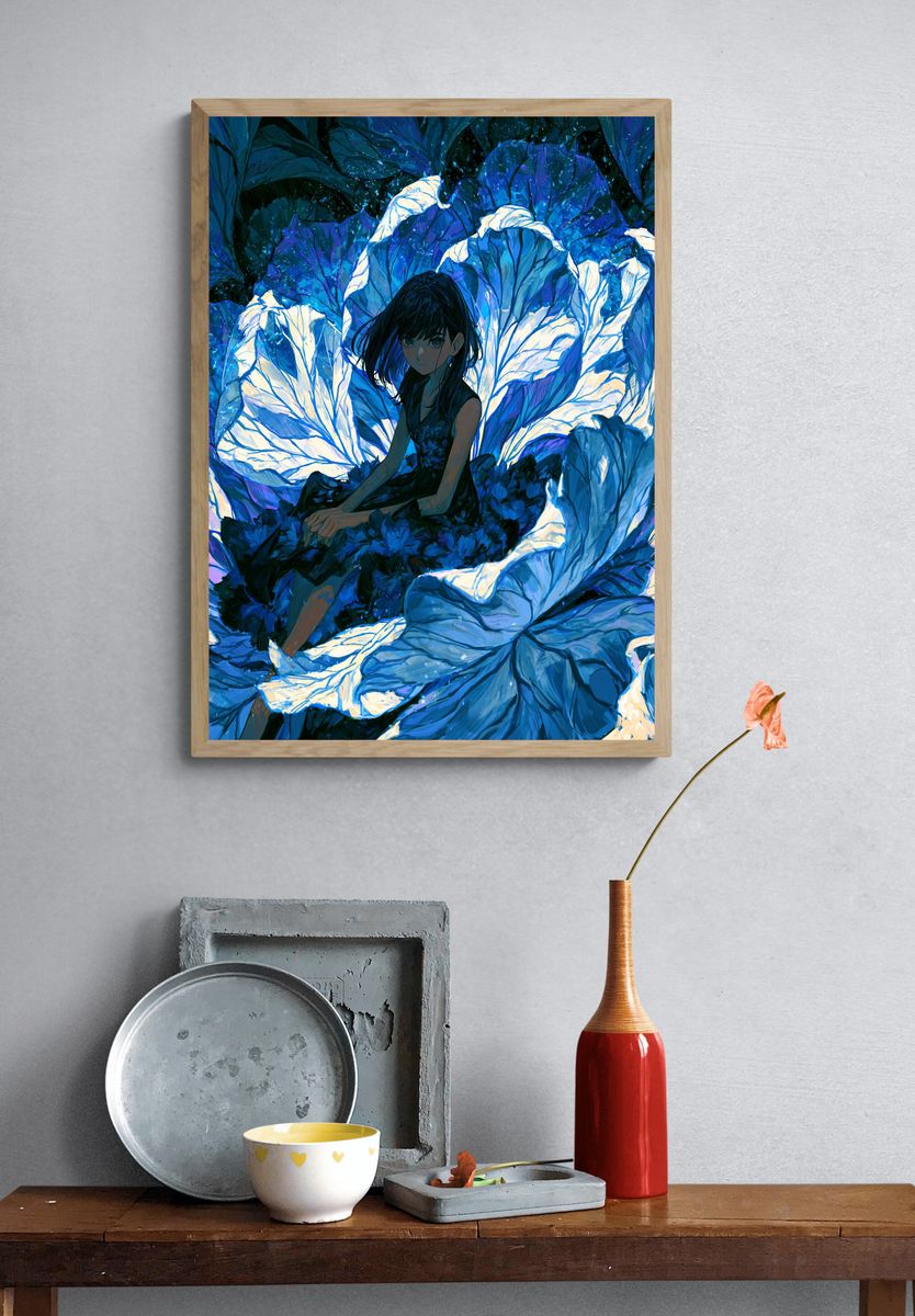 Blue Floral Girl Illustration Poster. — room view 3