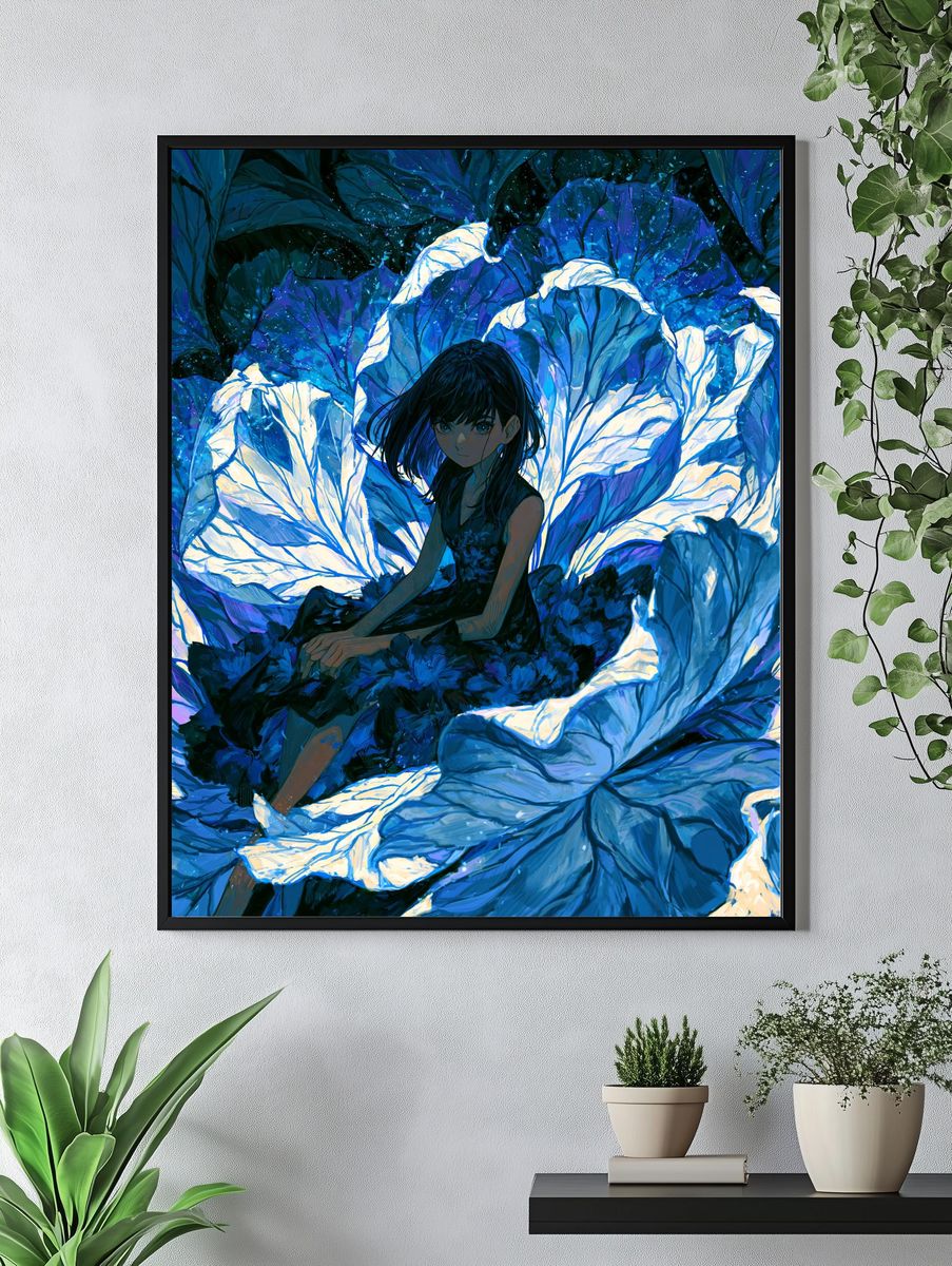 Blue Floral Girl Illustration Poster. — room view 4