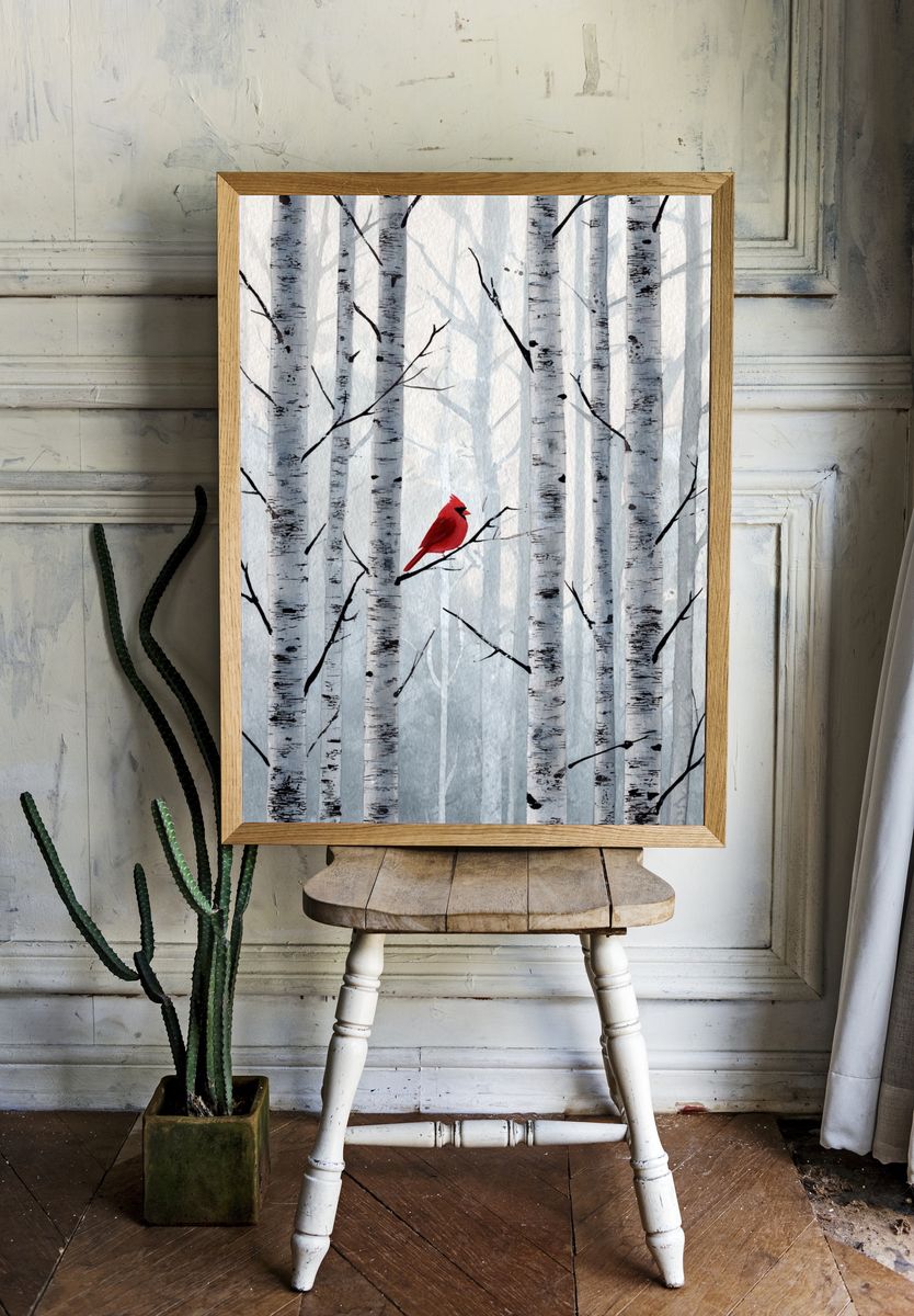 Red Cardinal Birch Forest Print. room preview
