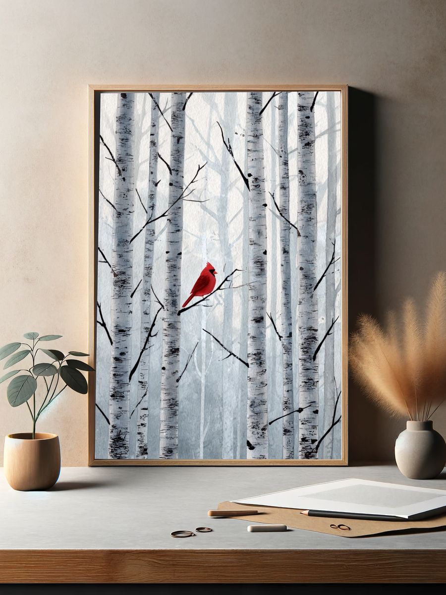 Red Cardinal Birch Forest Print. — room view 2